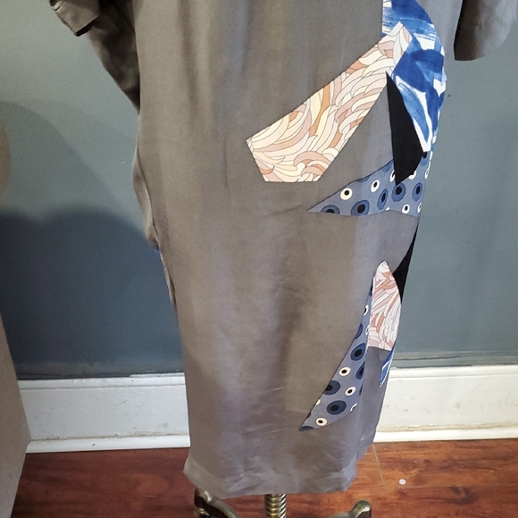 Rutzou Gray and Blue Silk  Sheath Artdeco  Dress with Dolman Sleeves - Picture 9 of 16